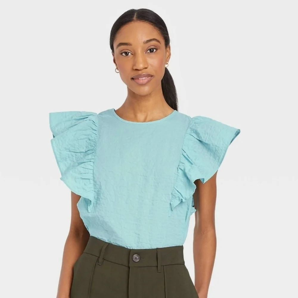 NWT A New Day Women's Flutter Sleeves Cotton Blouse Top S